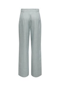 Pantalon gris clair à jambes larges avec taille élastique et passants de ceinture, présenté de dos sur fond blanc.