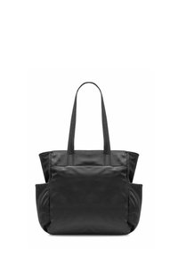 Czarna torba na ramię z dwoma uchwytami, dużą przednią kieszenią i kieszeniami po bokach, pokazana na białym tle.