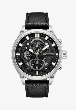 Orologio con cinturino in pelle nera, cassa in acciaio inossidabile, quadrante nero testurizzato, dettagli in argento, indicatori delle ore luminescenti e due quadranti secondari.