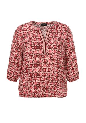 Rote und cremefarbige Bluse mit Muster, V-Ausschnitt, Dreiviertelärmeln und gerafftem Saum. Besitzt ein geometrisches Diamantdesign.