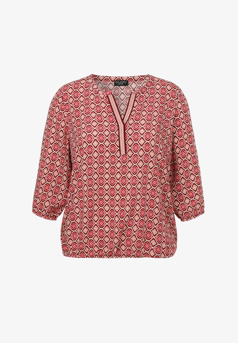 Red and cream patterned blouse with a V-neckline, three-quarter sleeves, and gathered hem. Features a geometric diamond design.