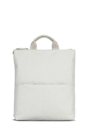 Zaino quadrato in tessuto grigio chiaro con tasca frontale con zip e manici corti imbottiti nella parte superiore.