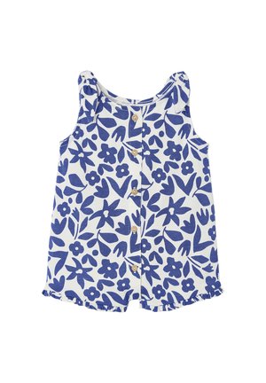 Sleeveless white baby romper with blue floral pattern, front button closure, ruffled leg openings, and shoulder gathers.
