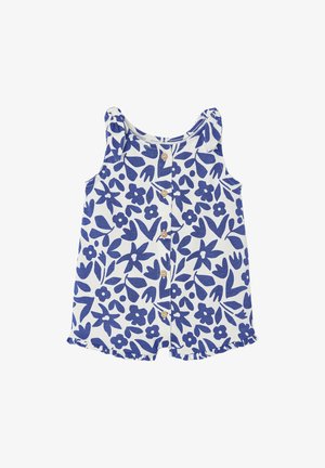 Ärmelloser weißer Baby-Strampler mit blauem Blumenmuster, Frontknopfverschluss, Rüschensaum an den Beinöffnungen und Raffungen an den Schultern.