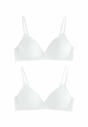 White triangle bralette with adjustable straps, smooth texture, and a central knot detail at the base. Two pieces displayed side by side.