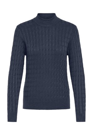Tumši zils džemperis ar ribotu tekstūru, ar augstu apkakli un garām piedurknēm. Audumam ir virsmatē ar kabelīšu adījuma rakstu.