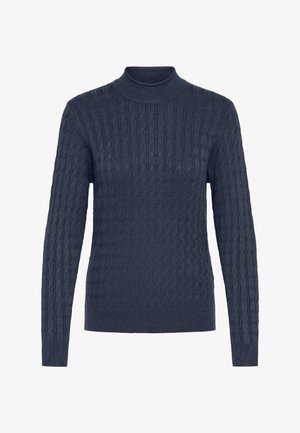 Tumši zils džemperis ar ribotu tekstūru, ar augstu apkakli un garām piedurknēm. Audumam ir virsmatē ar kabelīšu adījuma rakstu.