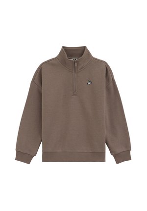 Sweat-shirt marron à demi-fermeture éclair, col, poignets et ourlet côtelés, avec un petit logo brodé d'un oiseau blanc sur le côté gauche de la poitrine.