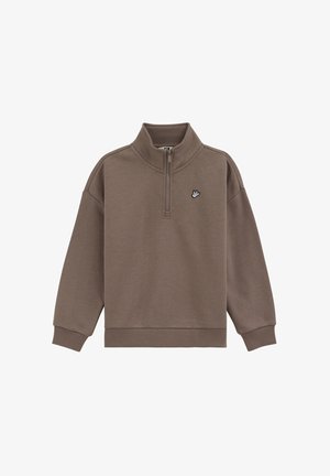 Sweat-shirt marron à demi-fermeture éclair, col, poignets et ourlet côtelés, avec un petit logo brodé d'un oiseau blanc sur le côté gauche de la poitrine.