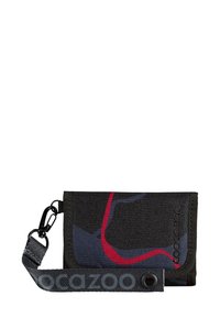 Black fabric wallet featuring a red and blue abstract design. Includes a clasp and detachable strap for secure carrying.