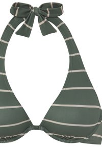 Žalias halter stiliaus bikini viršus, su horizontaliomis šviesiai bežinėmis juostelėmis, kaklo raišteliu ir lygiu audinio tekstūru.