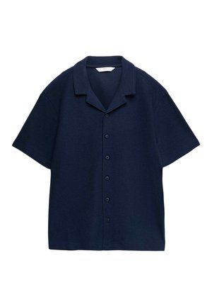 Camicia blu navy a maniche corte con bottoni e colletto a camp, mostrata distesa su uno sfondo bianco.