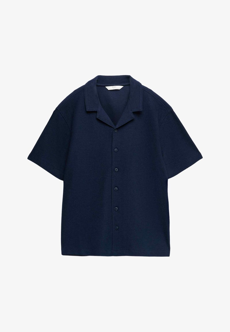 Chemise bleu marine à manches courtes avec col camp et cinq boutons sur le devant, présentée à plat sur fond blanc.