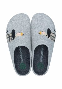 Gray felt slippers featuring a cartoon dog design on the upper. Interior lined with dark gray fabric. Slip-on style with a rounded shape.