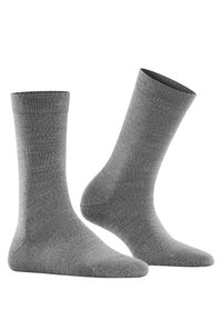 Pair of plain gray crew-length socks displayed against white background, showing front and side views.