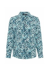 Lange mouw knopenhemd met een lichtblauw en donker teal abstract patroon, gemaakt van glad, lichtgewicht stof; klassiek kraagontwerp.