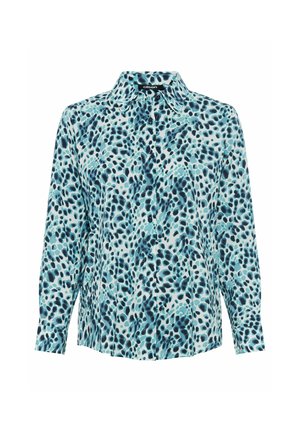 Chemise à manches longues avec un motif abstrait bleu clair et bleu canard, fabriquée en tissu léger et lisse ; design de col classique.