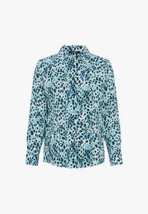 Langärmliges Hemd mit Knopfleiste in einem hellblauen und dunkelblauen abstrakten Muster, aus glattem, leichtem Stoff gefertigt; klassisches Kragen-Design.