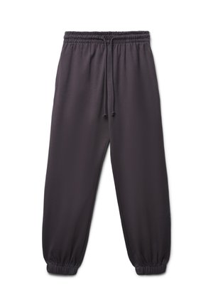 Jogging en gris foncé avec une taille élastique, un cordon de serrage ajustable et des poignets élastiques aux chevilles. Texture de tissu lisse sans motifs.