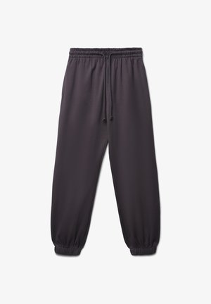Pantaloni jogger grigio scuro con vita elastica, cordino regolabile e polsini elasticizzati sulle caviglie. Tessuto liscio senza motivi.