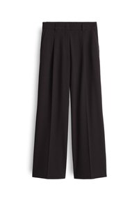 Pantalons larges noirs en tissu lisse avec une taille haute, présentant des plis à l'avant et des poches latérales. Design simple et polyvalent.
