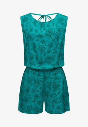 Turquoise floral print romper with a lightweight fabric, sleeveless design, and a back tie closure. Features an elastic waistband.
