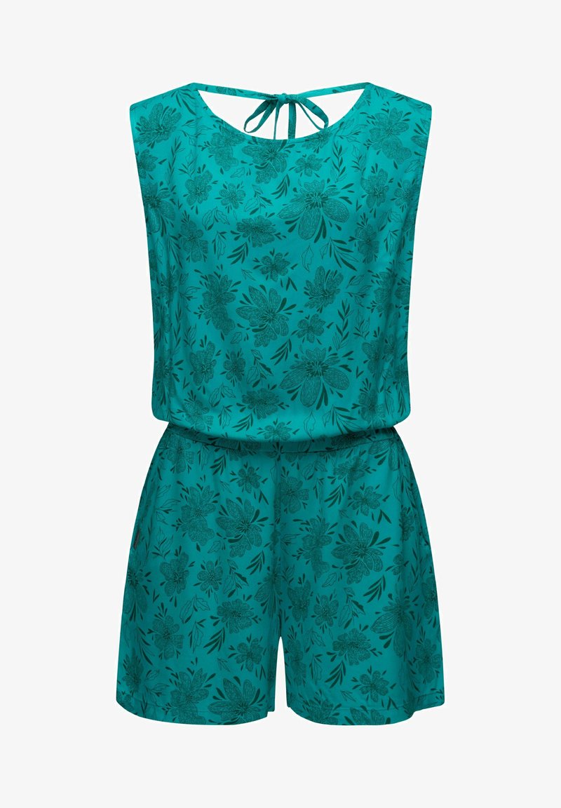 Turquoise floral print romper with a lightweight fabric, sleeveless design, and a back tie closure. Features an elastic waistband.
