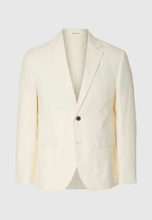 Krémovo sako s jedným gombíkom, s výrezmi v klopách, dvoma prednými vreckami s klopou a náprsným vreckom, zobrazené na jednoliatom pozadí.