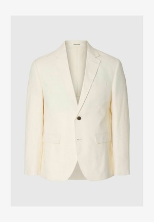 Krémovo sako s jedným gombíkom, s výrezmi v klopách, dvoma prednými vreckami s klopou a náprsným vreckom, zobrazené na jednoliatom pozadí.