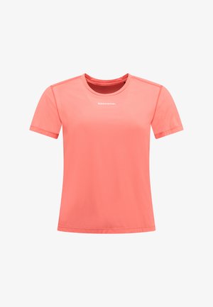 Kortærmet skjorte i lys koralfarve, lavet af glat syntetisk materiale. Har rund halsudskæring og et subtilt logo foran.