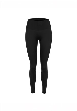 Čierne legíny vyrobené z elastického materiálu s vysokým pásom. Úzky strih po celé dĺžke nohavíc, bez viditeľných vzorov alebo kovových prvkov.