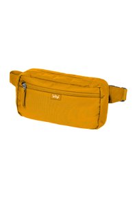 Marsupio giallo in tessuto con un compartimento principale con zip e una tasca frontale più piccola. Presenta una tracolla resistente e un'etichetta di marca.