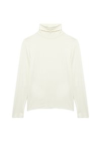 Sweter z długim rękawem w kolorze kremowym, wykonany z miękkiego materiału z dopasowanym krojem i wysokim kołnierzem, charakteryzujący się gładką fakturą.