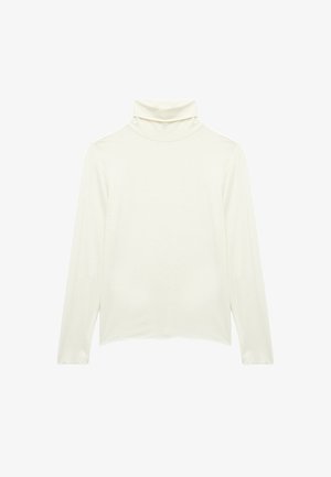 Sweter z długim rękawem w kolorze kremowym, wykonany z miękkiego materiału z dopasowanym krojem i wysokim kołnierzem, charakteryzujący się gładką fakturą.