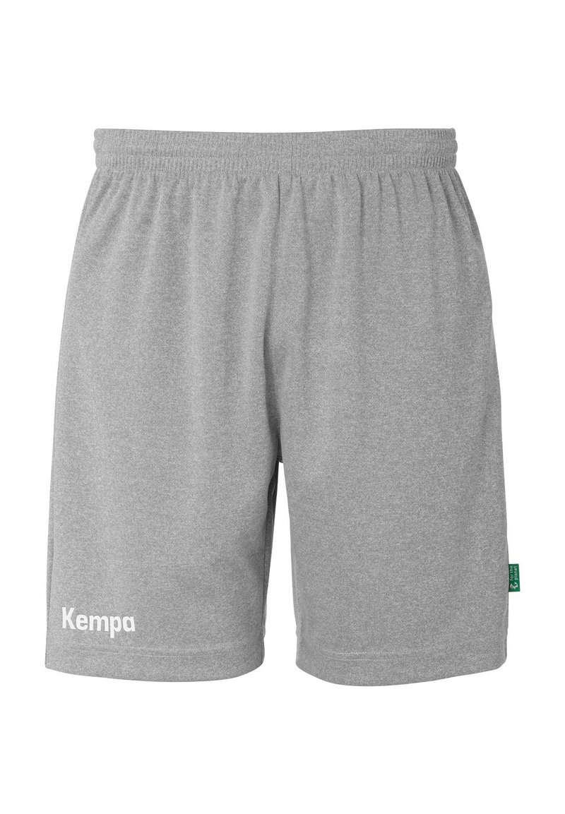Shorts de sport gris en tissu doux, dotés d'une taille élastique et d'un logo "Kempa" blanc sur le côté gauche.
