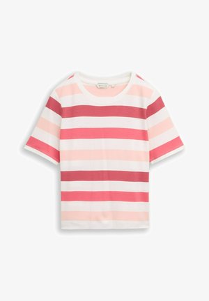 Tricou cu mâneci scurte și guler rotund, cu dungi orizontale în nuanțe de roșu, roz și alb pe un fundal simplu.