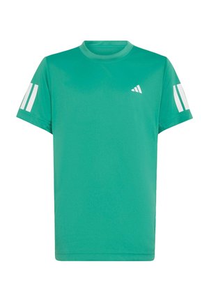 Camiseta deportiva básica verde de manga corta con logotipo blanco en el pecho y dos rayas blancas en cada manga.