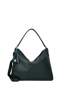 Borsa hobo in pelle nera con finitura texturizzata, dotata di una sola tracolla, chiusura con zip e dettagli a contrasto blu.