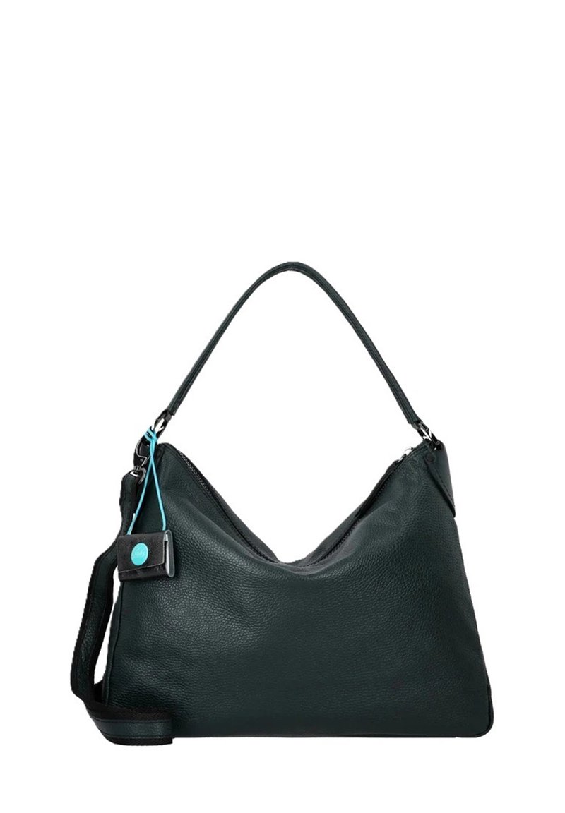 Borsa hobo in pelle nera con finitura texturizzata, dotata di una sola tracolla, chiusura con zip e dettagli a contrasto blu.