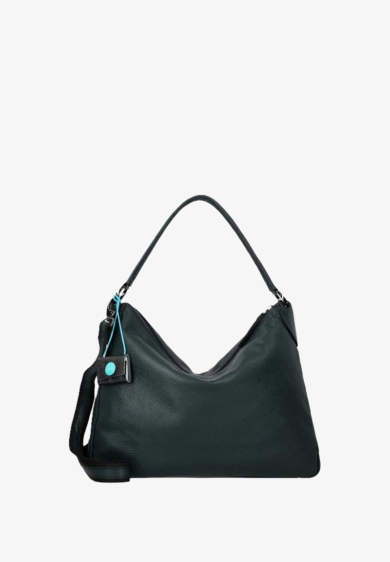 Borsa hobo in pelle nera con finitura texturizzata, dotata di una sola tracolla, chiusura con zip e dettagli a contrasto blu.