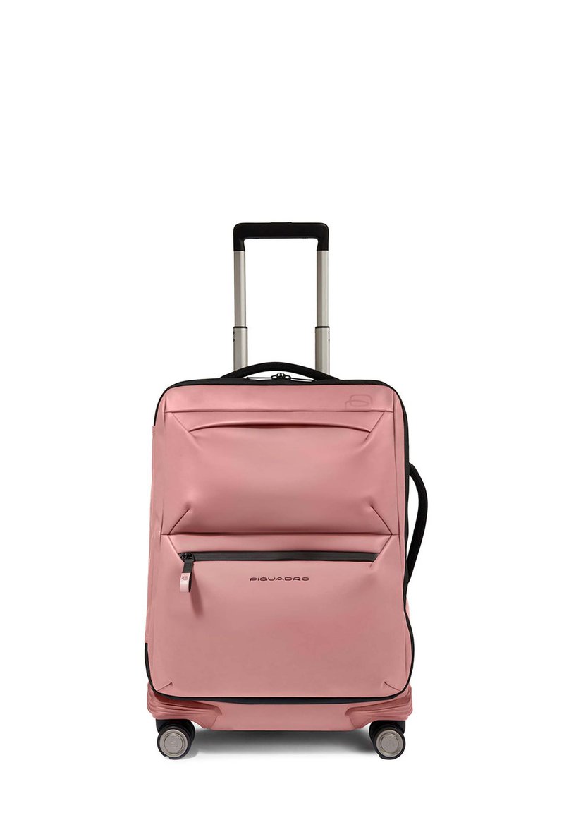 Valigia rosa con ruote, superficie testurizzata, tasca frontale con cerniera, manico retrattile e quattro ruote per la mobilità.