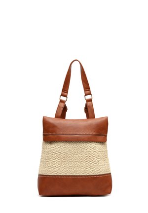 Brown leather and woven straw tote bag with dual handles and a fold-over top panel, shown against a white background.