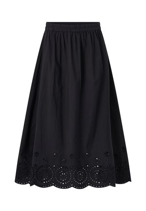 Sort midi-nederdel med elastisk talje og bølget kant med blomsterudskårne broderidetaljer.