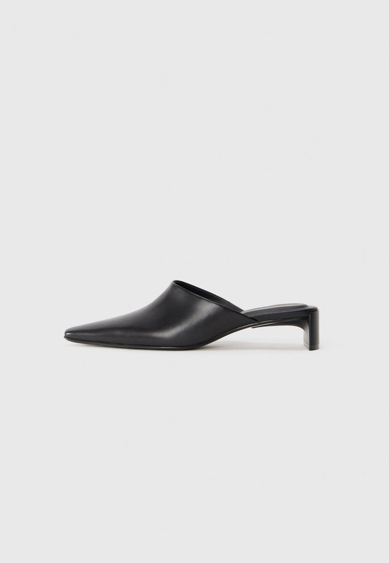 Mules en cuir noir avec un bout pointu, une ouverture à l'arrière et un petit talon block. Texture lisse avec un design minimaliste et sans embellissements visibles.