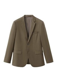 Olivgrüner, maßgeschneiderter Blazer aus glattem Stoff. Mit einreihiger Knopfleiste, Revers mit Kerbe und zwei vorderen Taschen sowie einer Tickettasche.