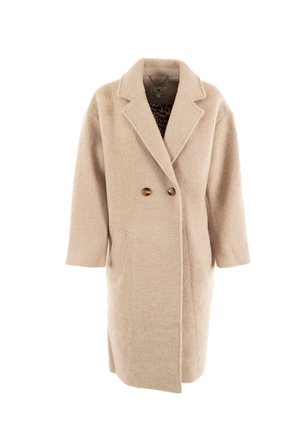 Manteau en mélange de laine beige avec un col à revers, une fermeture à double boutonnage, deux boutons et des poches latérales. Présente une surface texturée et des manches mi-longues.