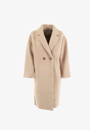 Cappotto in misto lana beige con rever a punta, davanti doppiopetto, due bottoni e tasche laterali. Presenta una superficie texture e maniche di lunghezza media.