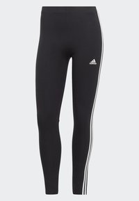 Sorte atletiske leggings med hvidt tre-stribe design langs siderne; lavet af strækbart materiale for komfort og fleksibilitet.