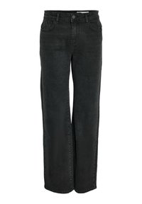 Sorte vide benbukser laget av denim, med en klassisk fem-lommers design og glidelås med knappelukking. Glatt tekstur.
