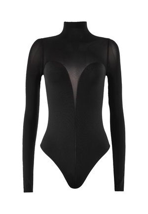 Svart långärmad bodysuit med genomskinlig övre del av bröstet och ärmar, hög halsringning och figurnära siluett.